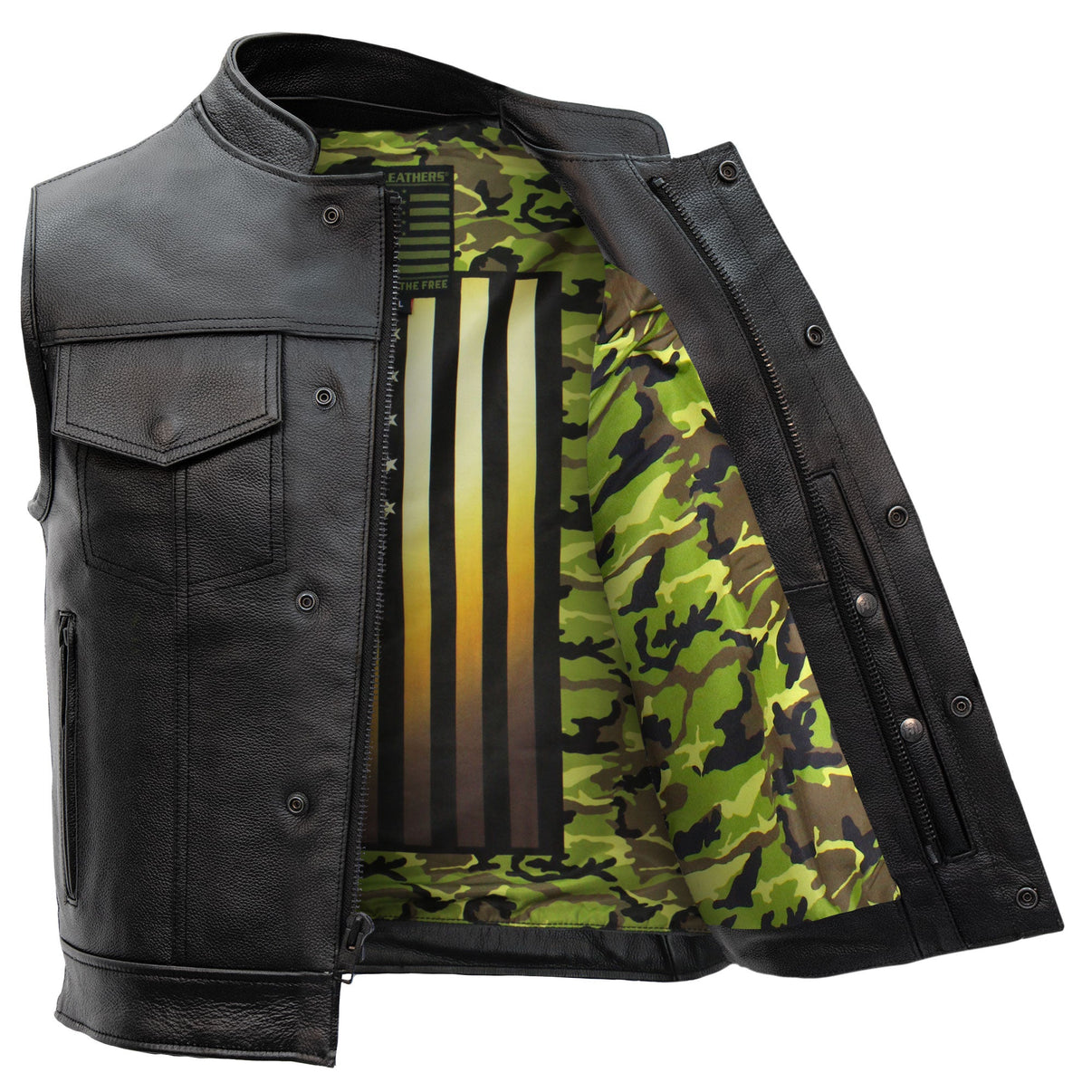 Hot Leathers VSM1058 Men's Black 'Camo Flag' Motorcycle Club Style Conceal and Carry Leather Biker Vest - LiveTheGnar