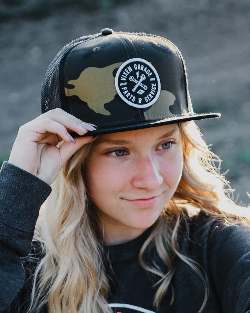 Vixen Garage Flat Bill Trucker Hat - Camo OFF-ROAD VIXENS CLOTHING CO.