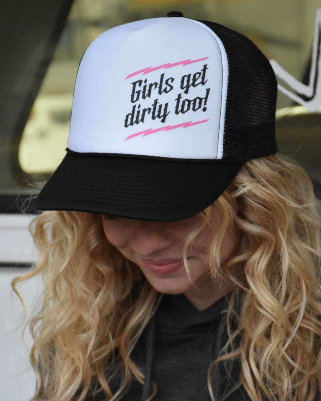 Girls Get Dirty Too Lightning Trucker Hat - Black/White - LiveTheGnar