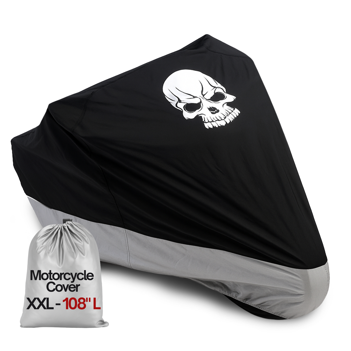 Black and gray Formosa motorcycle cover with a skull graphic and storage bag