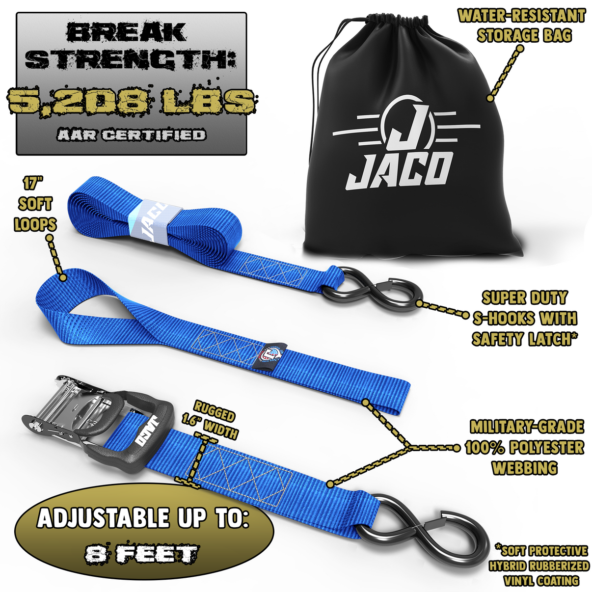 Tie Down Ratchet Straps with Soft Loops (1.6 in x 8 ft) - Heavy Duty Set | AAR Certified Break Strength (5,208 lbs) JACO