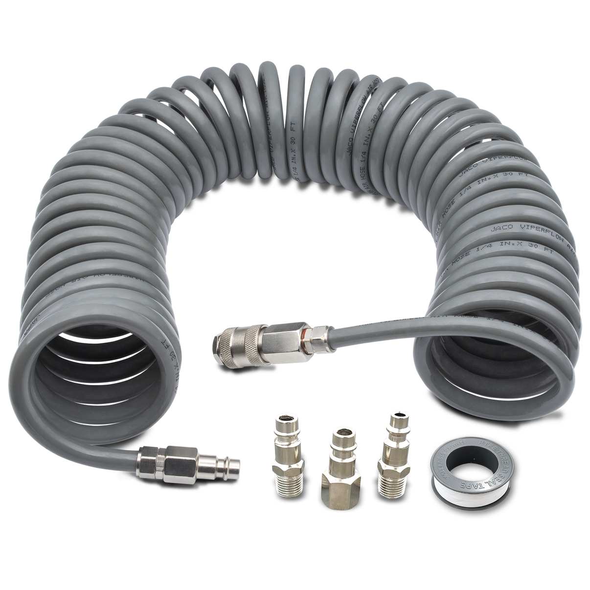 Polyurethane Coiled Air Hose Kit - 1/4" x 30 ft | with Air Compressor Fittings JACO
