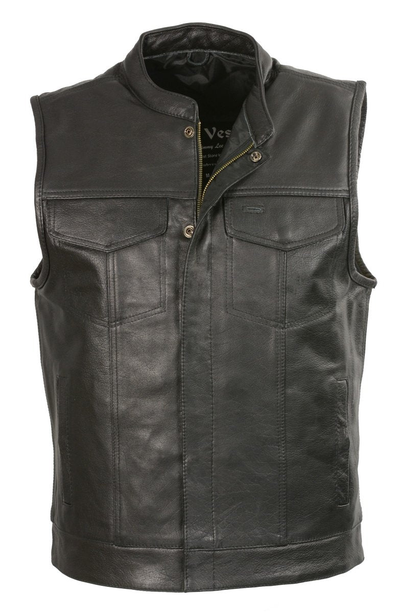Club Vest CVM3710 Men’s Leather Black Open Neck Vest with Snap and Zip Front Closure Hot Leathers