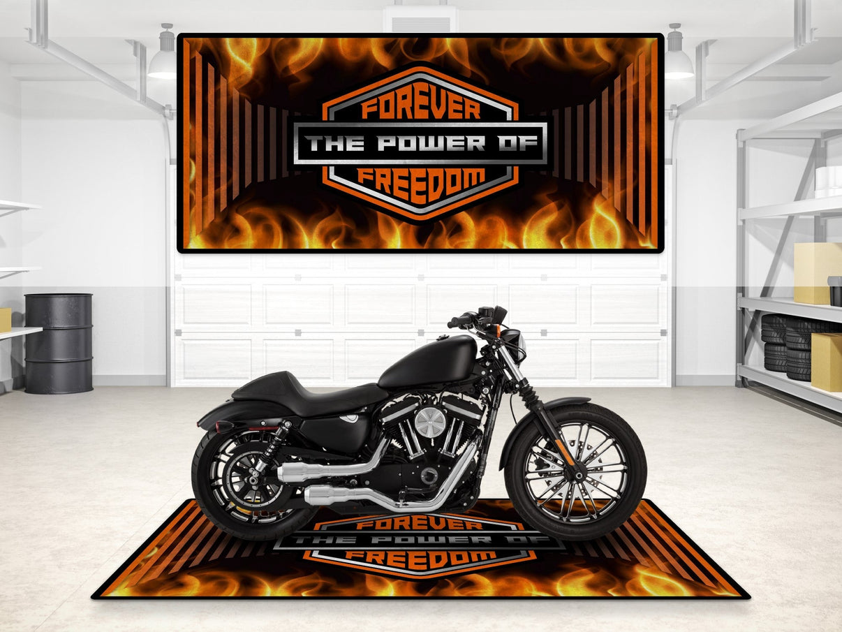 Motorcycle Mat Flame Design for Chopper, Cruiser, Touring, Sport Motorcycle "Forever The Power of Freedom" - MM7241 MPM Motorcycle Mat