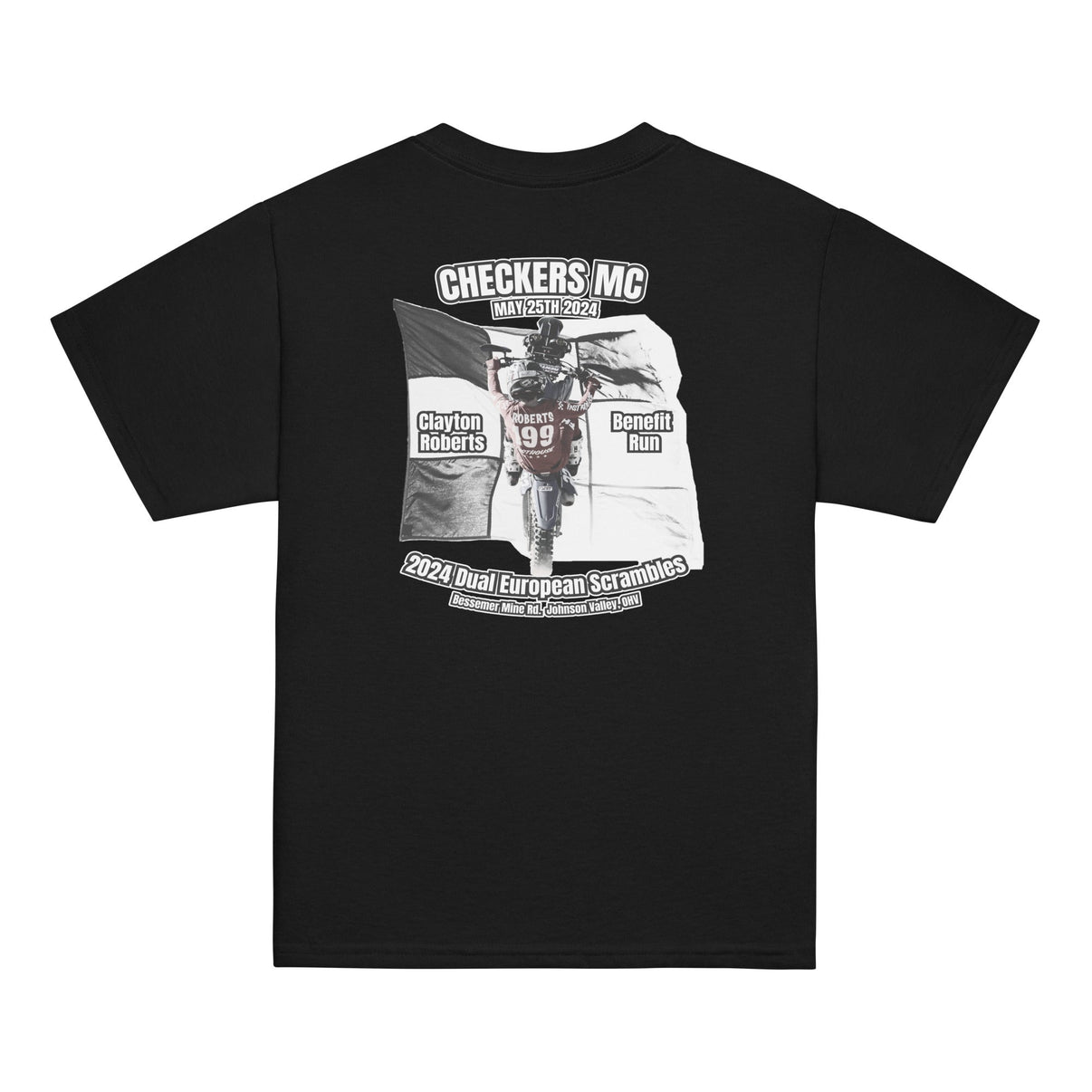 Youth Checkers MC 2024 Dual Euro Event Youth Shirt - Clayton Roberts Benefit Run Race Desert